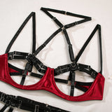 Sexy Lingerie Set for Women Hollow Out Open‑cup Underwire Bra Garter Belt Multi‑piece Bondage Lingerie Kit