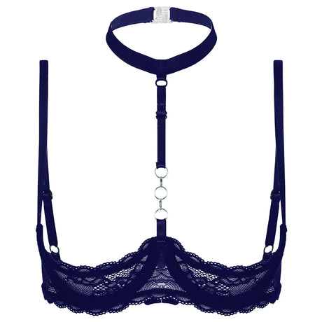 Womens 1/4 Cups Underwire Bra Halter Neck O Ring See Tthrough Lace Push Up Brassiere Sexy Lingerie Breast Open Bras Underwear