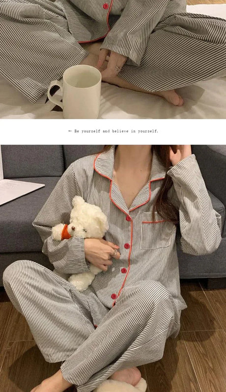Pajamas Women Long Sleeve Trousers Summer Grey Cardigan Striped Sleepwear Loungewear Two Piece Set Ladies Nightwear Homewear