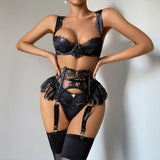 Diccvicc Coquette Slate Blue Lingerie Set 4 Piece Eyelash Lace Satin Bra Peplum Ruffle Garter with Rosebud Thong Women Nightwear