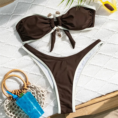 White Bandeau Bikinis Sets Woman Sexy Swimsuit Contrast Color Metal Buckle Swimwear High Cut Bathing Suit Brazilian Bikini Mujer