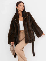 2026 Autumn Winter Women Faux Mink Fur Coat Lapel Collar Belted Long Jacket Luxury Fluffy Outerwear Brown