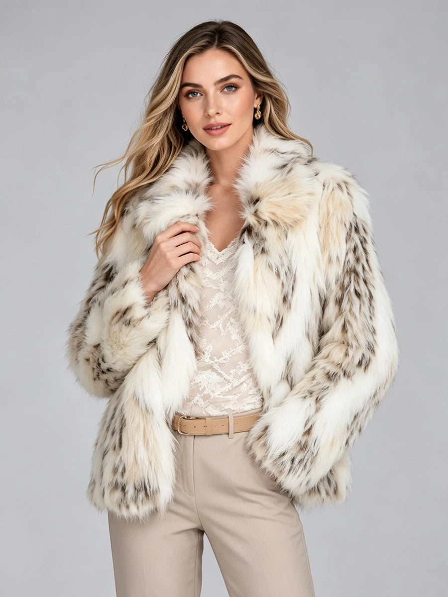 LIMO Women White Grey Spotted Faux Fur Notch  Open Front Long Sleeve Cropped Fluffy Warm Winter Loose Fashion Daily Coat