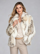 LIMO Women White Grey Spotted Faux Fur Notch  Open Front Long Sleeve Cropped Fluffy Warm Winter Loose Fashion Daily Coat