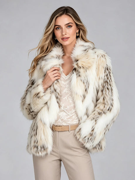 LIMO Women White Grey Spotted Faux Fur Notch  Open Front Long Sleeve Cropped Fluffy Warm Winter Loose Fashion Daily Coat
