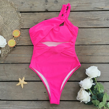 Sexy One Piece Swimsuit One Shoulder Solid Cut Out Monokini Pattern Women's Swimwear Slimming Bodysuit Women Beachwear 2022