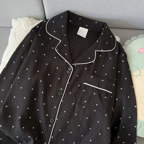 Spring and Autumn Large Black Pajama Women's Long Sleeve Set Sweet Cardigan High End Home Clothes Ladies Nightwear Star Print