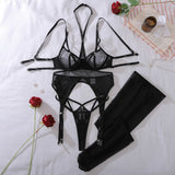 Ellolace See Through Sexy Lingerie Exclusive Halter Belt 3PC Stockings Luring Silver Cross Rhinestone Backless Harness Underwear