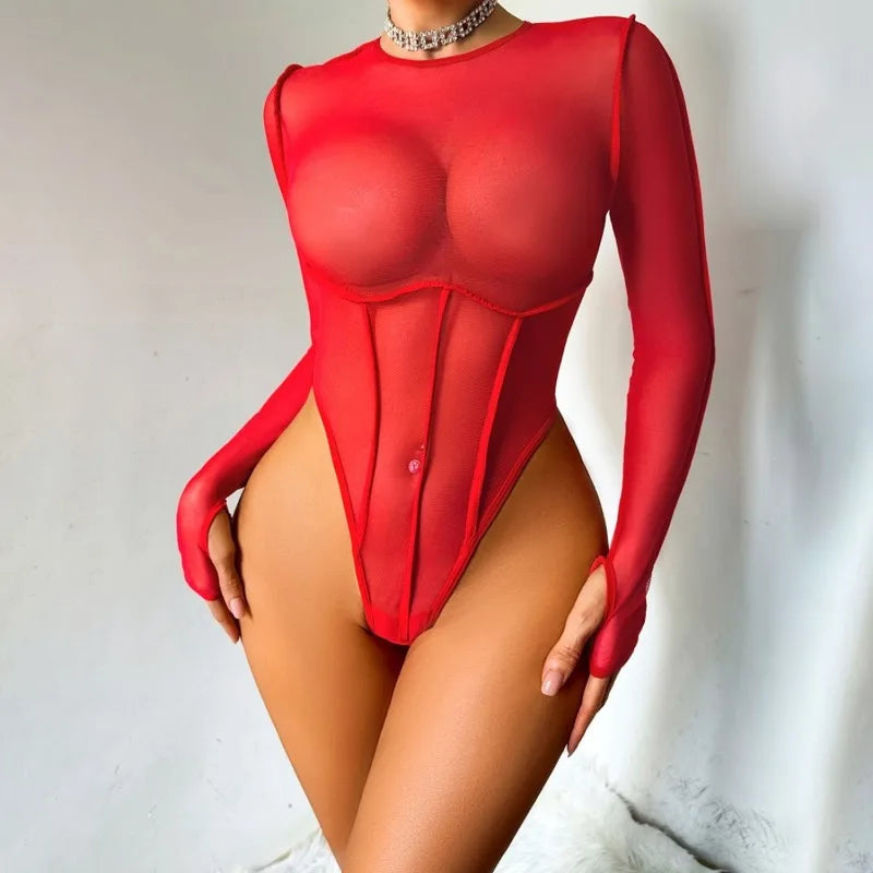 Red Exotic Bodysuits Tempted Fitting Lingeries Femme Ultra Hot Sexy See Through Mesh Splicing Crotchless Teddies Sissy Underwear