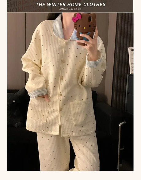 Thickened Air Cotton Sleepwear Set for Women Autumn Winter Polka Dot Home Clothes Korean Style Cute Girl Long Sleeve V-Neck