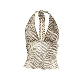 Halter V Neck Striped Print Tank Top Women Backless Sleeveless Bare Midriff Halter Crop Tops Female Tube Top Cropped Vest