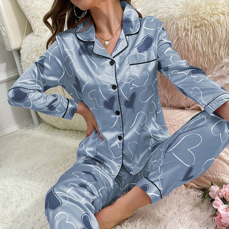 Women Satin Pajama Casual Sleepwear Home Clothes Suit Autumn Long Sleeve Button Up Top & Pants Nightwear Loungewear Pyjama Femme