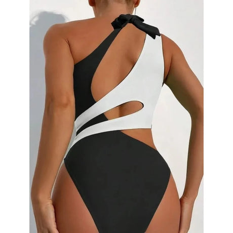 Sexy Swimwear Women Color Block Hollow Out Design One Shoulder Bikini Bodysuit Summer Beach Vacation High Cut One Piece Swimsuit