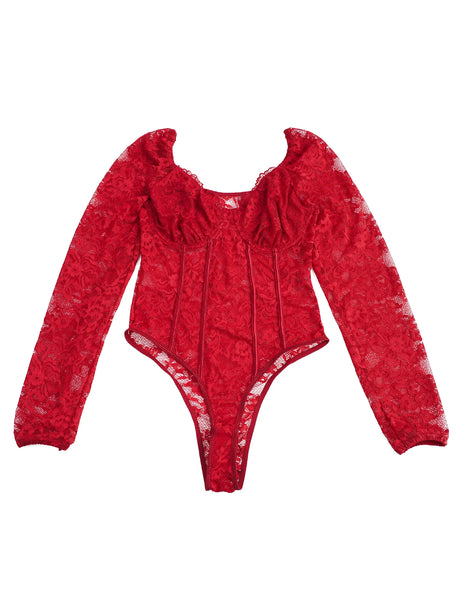 Women Sexy Lace Long Sleeve Bodysuit Underwire Square V Neck Open Crotch Clubwear Top Plus Size Snap Closure Teddy Lingerie