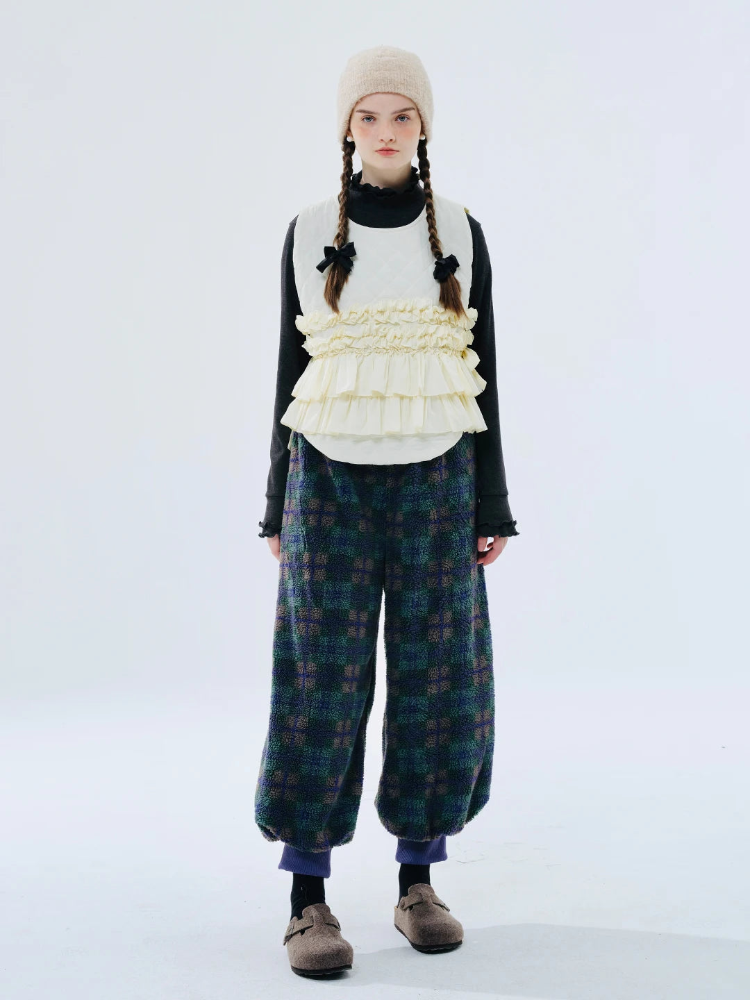 Green Plaid Lamb Wool Lantern Pants Female clothing women's pants and trousers Elastic Waist Loose Baggy Trousers for woman