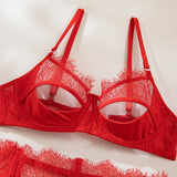 Diccvicc Eyelash Floral Lace Lingerie Cut Out Bra Wide Garter Underwear Set See Through Seductive Intimate Apparel Exotic Outfit