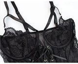 European and American Sexy See-through Dress Mesh Lace Garter Side One-Piece Underwear Women's Sexy Tight Jumpsuit Two-Piece Set
