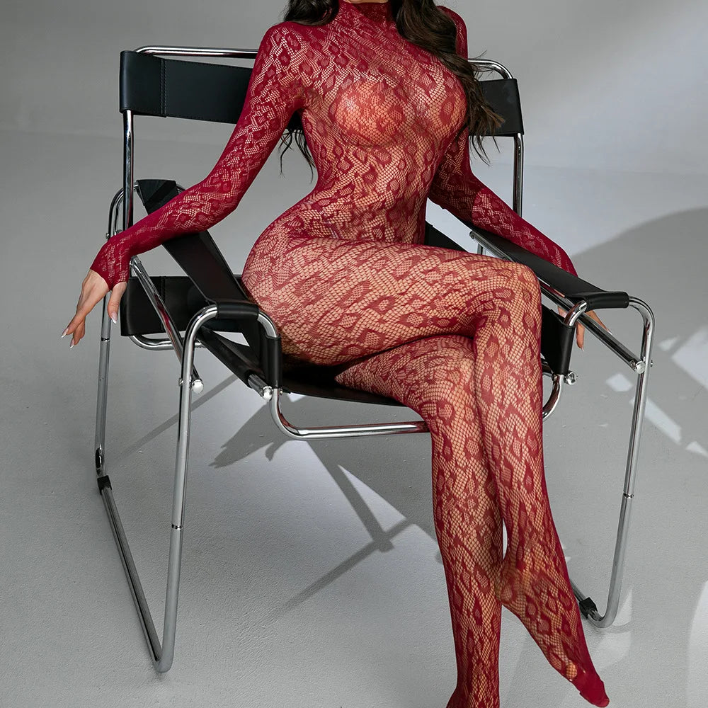Sexy Lace See-Through Bodysuit Long Sleeve Fishnet Jumpsuits Elastic Night Club Jump Suits for Women Sexy Pole Dancing Overalls