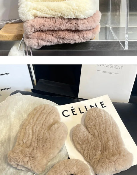 Hot Sale Women's 100% Natural Rabbit Fur Winter Gloves Warm Knit Thick Thermal Mittens Soft Real Fur Outdoor Cold Weather Glove