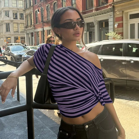 2026 New Autumn Women Vintage Striped Off Shoulder T-shirt Waist Cinching Slim Fit Daily Wear Ladies Tops