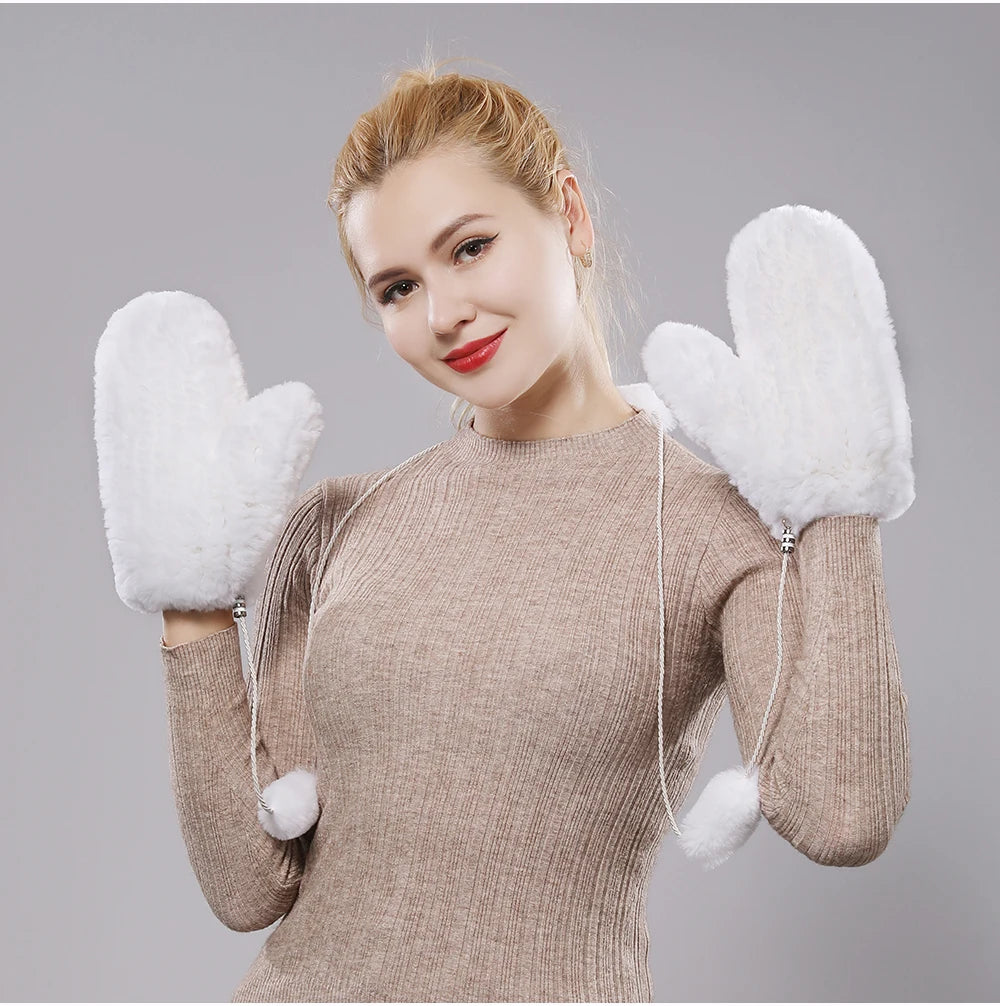 Hot Sale Women's 100% Natural Rabbit Fur Winter Gloves Warm Knit Thick Thermal Mittens Soft Real Fur Outdoor Cold Weather Glove