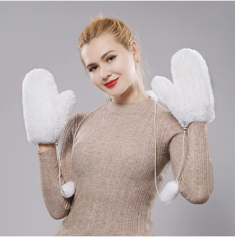Hot Sale Women's 100% Natural Rabbit Fur Winter Gloves Warm Knit Thick Thermal Mittens Soft Real Fur Outdoor Cold Weather Glove