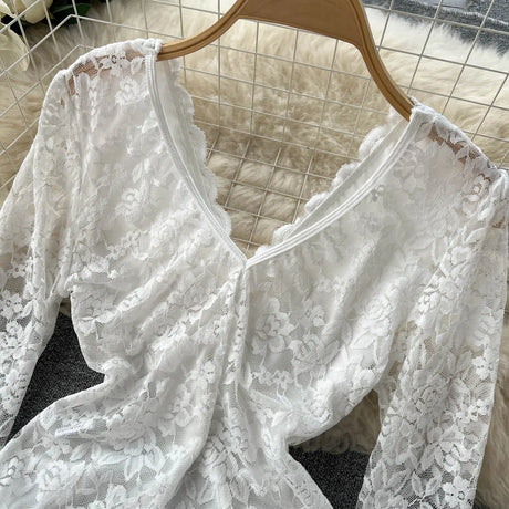 Sexy Mesh Lace Bodysuit  Fashion Long Sleeve V-neck One Piece Basic Hotsweet Women Print Gothic Slim  Streetwear Jumpsuit Ins
