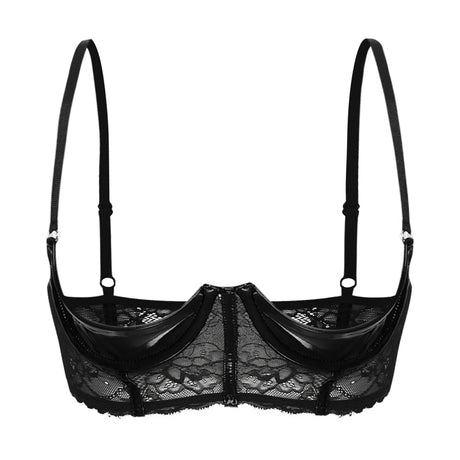 Womens Sexy Open Cup Underwired Bra Patent Leather See-through Floral Lace Brassiere Exposed Nipple Lingerie Underwear Nightwear