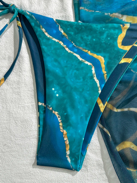 Women's Bikini Swimsuit Set, Blue Marble Three-Piece Swimsuit, Sexy Triangle Top with Straps, Triangle Bottoms with Mesh Overlay, Half Skirt