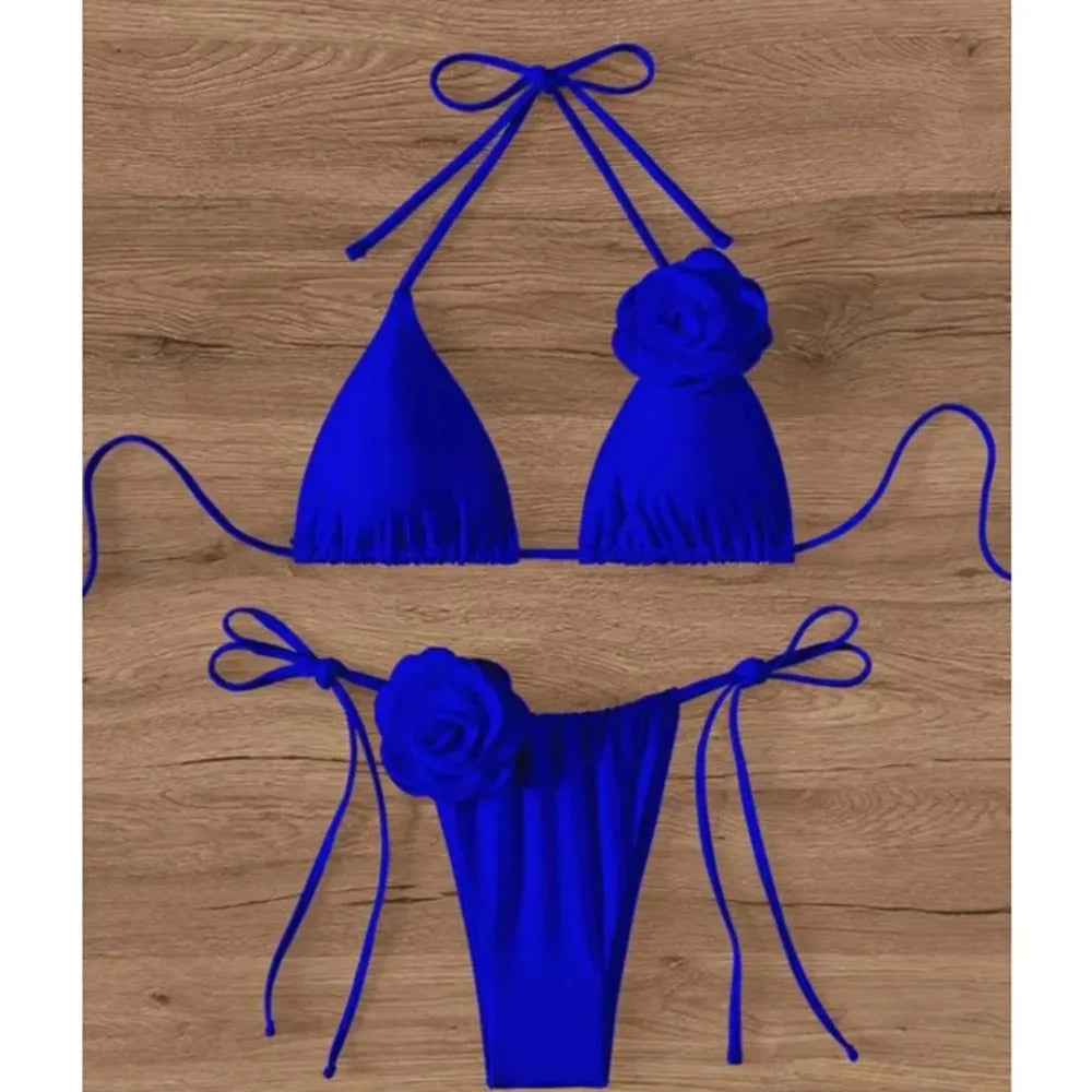 Sexy Flower Bandeau Swimwear Thong Bikini Women Lace-up Swimsuits Swimming Bathing Suit Brazilian Bikinis Set Mujer Biquini