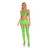 Womens Glossy Lingerie Sleeveless Crop Tank Tops Low Rise Miniskirt with Thigh High Stockings Pool Party Pole Dance Clubwear