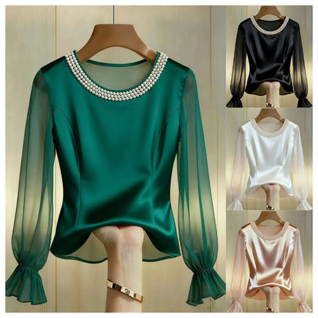 Pearl Beaded Round Neck Long Sleeve Blouse Satin Sheer Top For Women Elegant