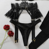 Diccvicc Coquette Slate Blue Lingerie Set 4 Piece Eyelash Lace Satin Bra Peplum Ruffle Garter with Rosebud Thong Women Nightwear