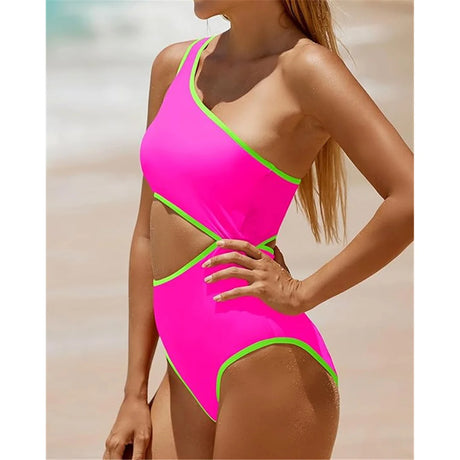 Vzvn 2026 New Women Swimwear Female Padded Bather Bathing Suit Swim Colors Cut Out One Shoulder Splicing One Piece Swimsuit