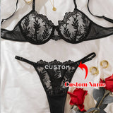 Personalized Thong with Name Embroidery Floral 2pc ingerie Set Custom Your Name Thong Sheer Bra Brief Underwear Anniversary Gift