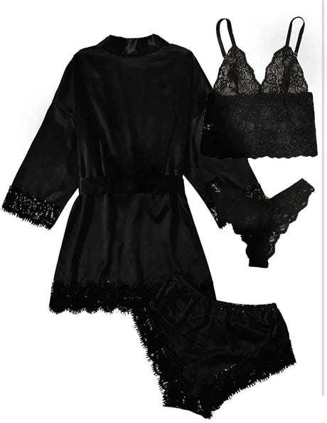 Women's Summer Sexy Pajama Pants Set 4 Pieces Lace Satin With Silk Sleepwear Robe Fashion And Comfortable Nightwear