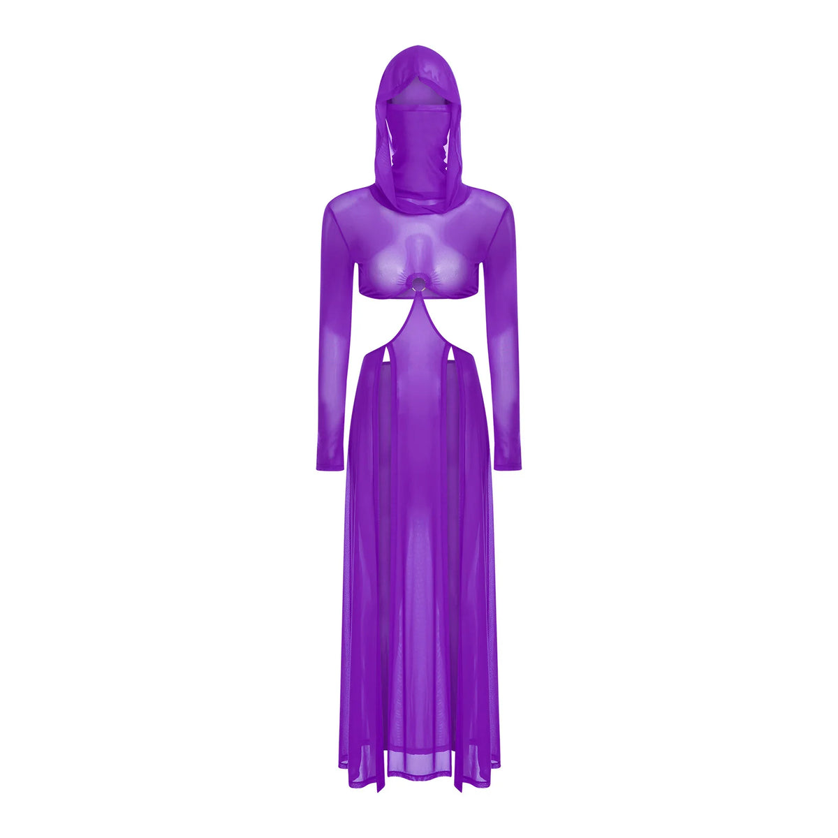 Women Wet Look Mesh Maxi Dress with Hooded Cosplay Sexy High Slit Lingerie Face Mask Long Sleeves Hollow Out Sheer Nightdress