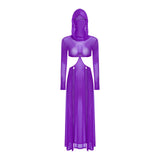 Women Wet Look Mesh Maxi Dress with Hooded Cosplay Sexy High Slit Lingerie Face Mask Long Sleeves Hollow Out Sheer Nightdress