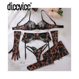 Diccvicc Sensual Lingerie Woman See Through Sexy Lace Bra Garter Belt Leopard Underwear with Stocking Glove Exotic Intimate Wear