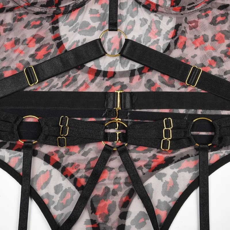 Leopard Print Strappy Bodysuit Blue Caged Harness Lingerie Sexy Mesh Sheer Teddy Underwire Erotic Lenceria Mujer