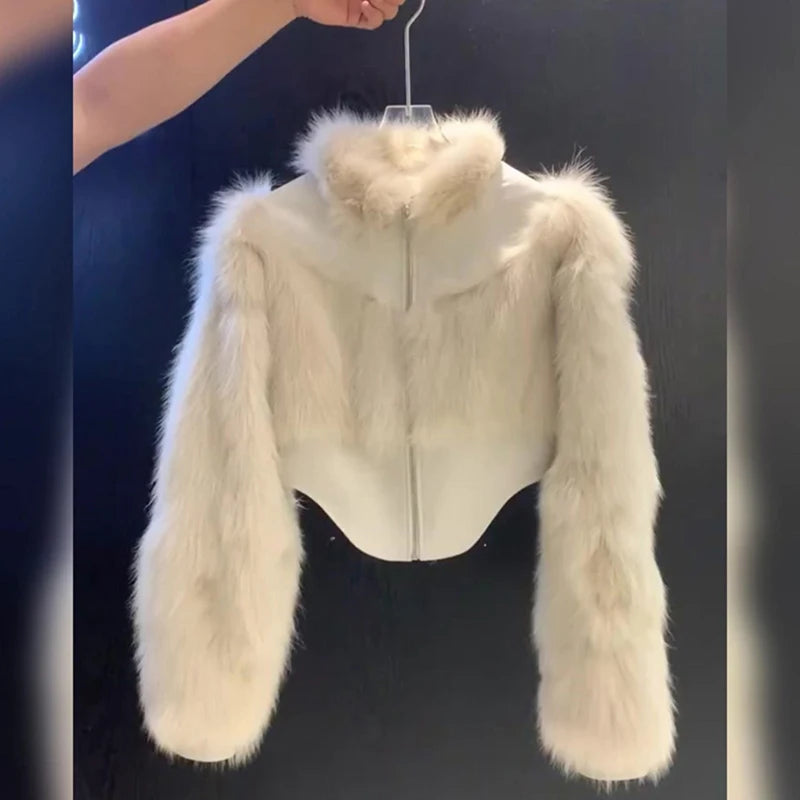 Cropped Faux Fur Coat Women Fashion Elegant Patchwork Fluffy Jacket Winter Ladies Korean Long Sleeve Furry Outerwears New