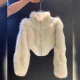 Cropped Faux Fur Coat Women Fashion Elegant Patchwork Fluffy Jacket Winter Ladies Korean Long Sleeve Furry Outerwears New