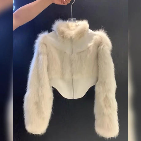 Cropped Faux Fur Coat Women Fashion Elegant Patchwork Fluffy Jacket Winter Ladies Korean Long Sleeve Furry Outerwears New