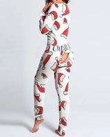 Sexy Pyjama Women's Long Sleeves Homewear Suit Button-Down Front Back Butt Bum Open Ass Flap Jumpsuit Loungewear Christmas Print