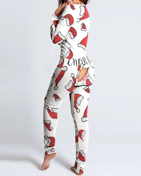 Sexy Pyjama Women's Long Sleeves Homewear Suit Button-Down Front Back Butt Bum Open Ass Flap Jumpsuit Loungewear Christmas Print