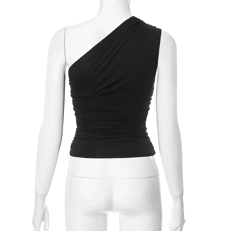 Solid Color One Shoulder Backless Shrink Tank Top T-Shirt Candy Color Tight Sexy Sleeveless Neckless Slim Casaul Top