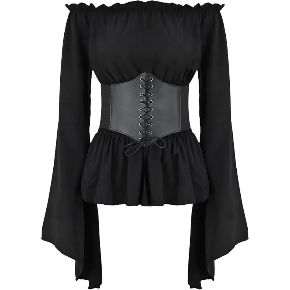 Women Renaissance Blouse Medieval Victorian Long Sleeve Corset Corset Waist Off Shoulder Shirt Pirate Cosplay Costumes Halloween