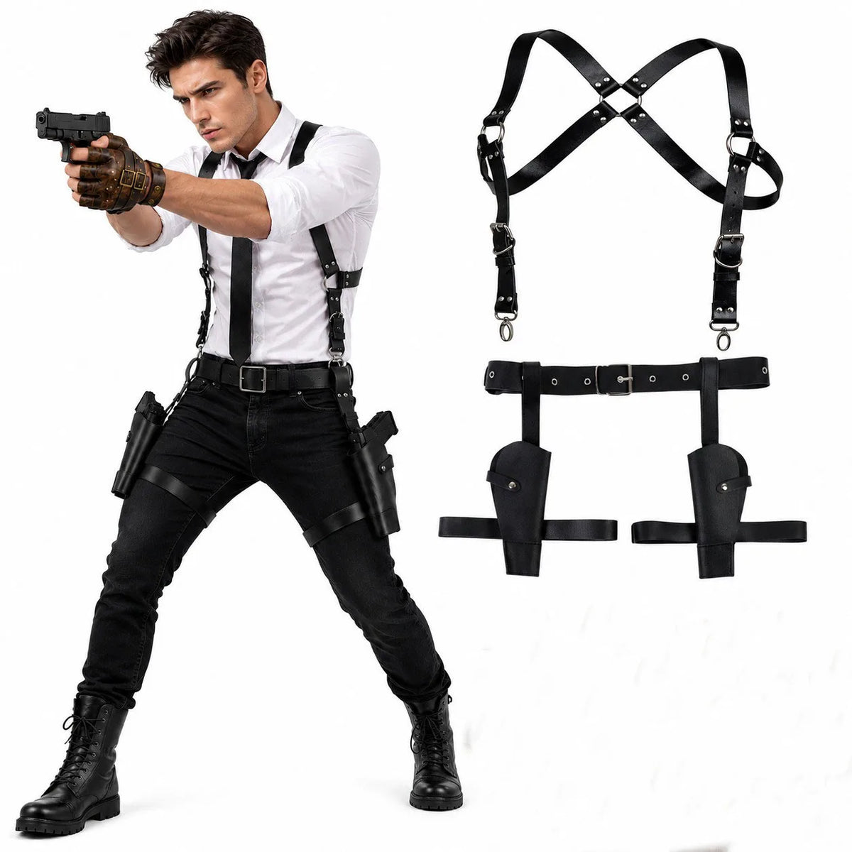 Women Faux Leather Set Steampunk Chest Harness Belt + Thigh Holster Medieval Pirate Cosplay Costume Accessories Halloween
