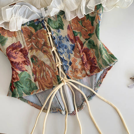 Retro Ruffle Off Shoulder Print  Tube Top Sexy Bandage Corset Bustier Camis  Tank Top Slim  Summer Women Party Crop Top
