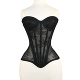 Women Mesh Corset Busiter Overbust Cups Push Breast Floral Lace Bodice Sext Tansparent Strapless Crop Tops Lace Up Steel Boned